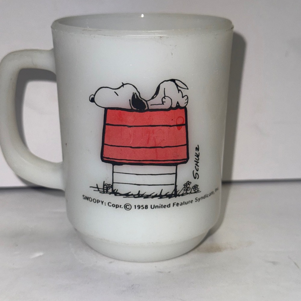 Vintage Fire-King Snoopy 1958 Coffee Mug White Milk Glass Allergic To Morning